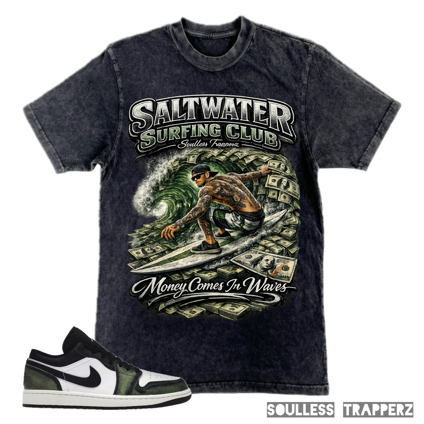 “SALTWATER SURFING CLUB” Mineral Washed Soulless Trapperz Original Premium T-Shirt