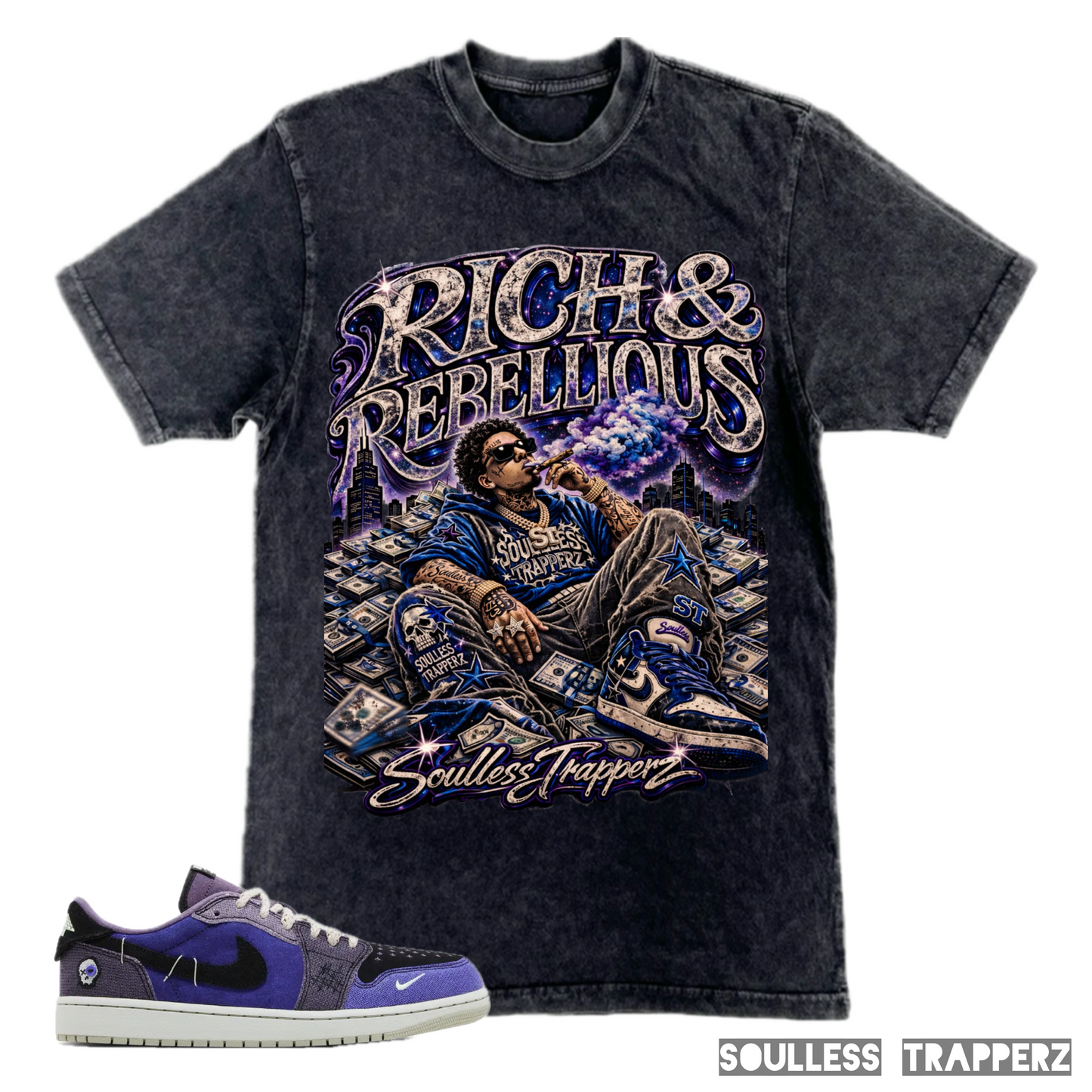 “RICH & REBELLIOUS” Black Mineral Washed Soulless Trapperz Original Premium T-Shirt