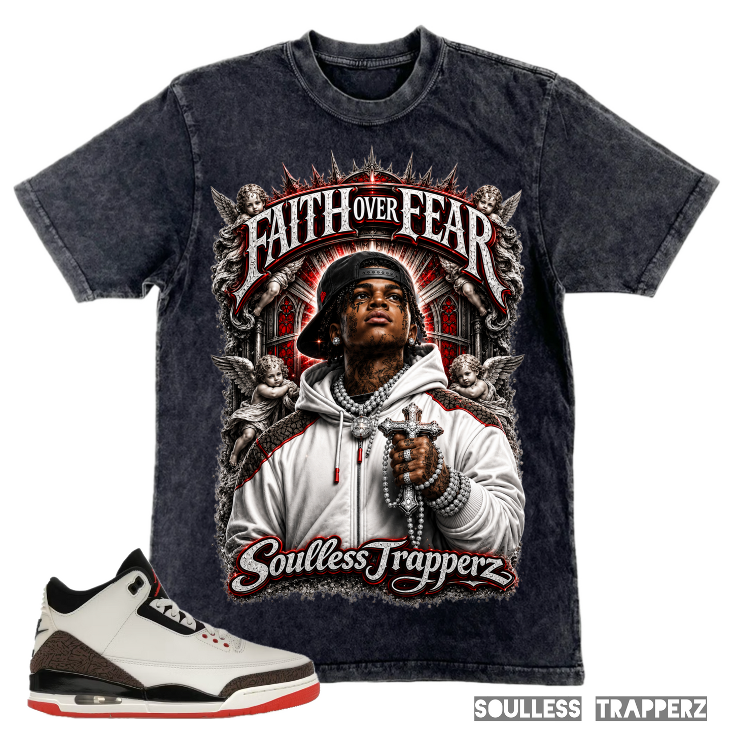 “FAITH OVER FEAR” Black Mineral Washed Soulless Trapperz Original Premium T-Shirt
