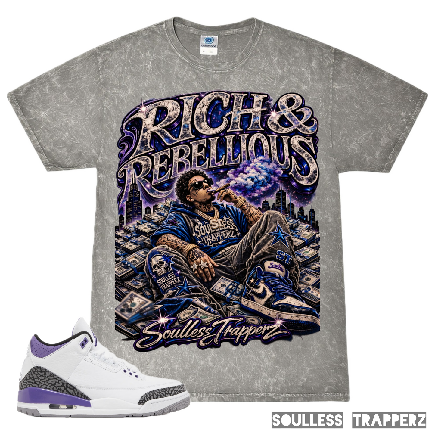 “RICH & REBELLIOUS” Gray Mineral Washed Soulless Trapperz Original Premium T-Shirt