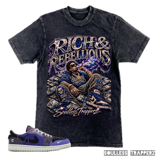 “RICH & REBELLIOUS” Black Mineral Washed Soulless Trapperz Original Premium T-Shirt