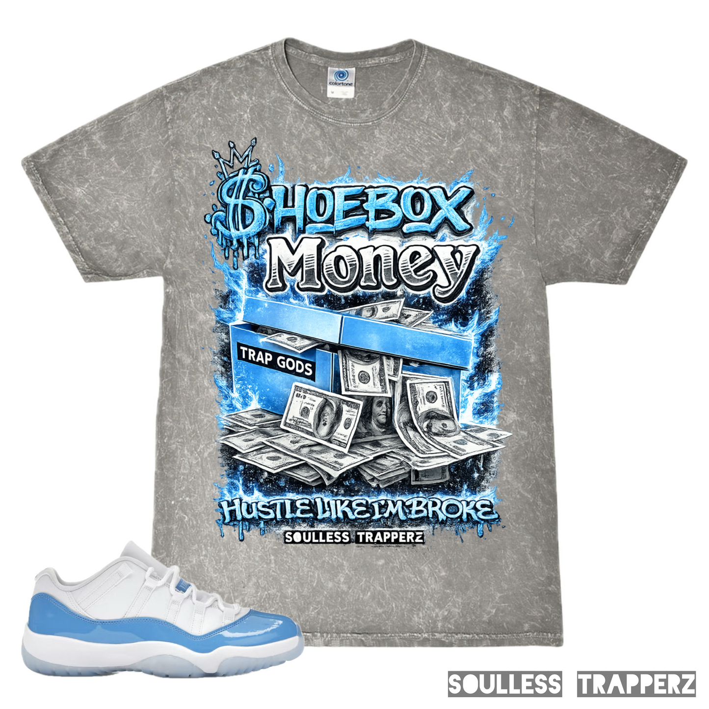 “SHOEBOX MONEY” Gray Mineral Washed Soulless Trapperz Original Premium T-Shirt (Ice Blue)