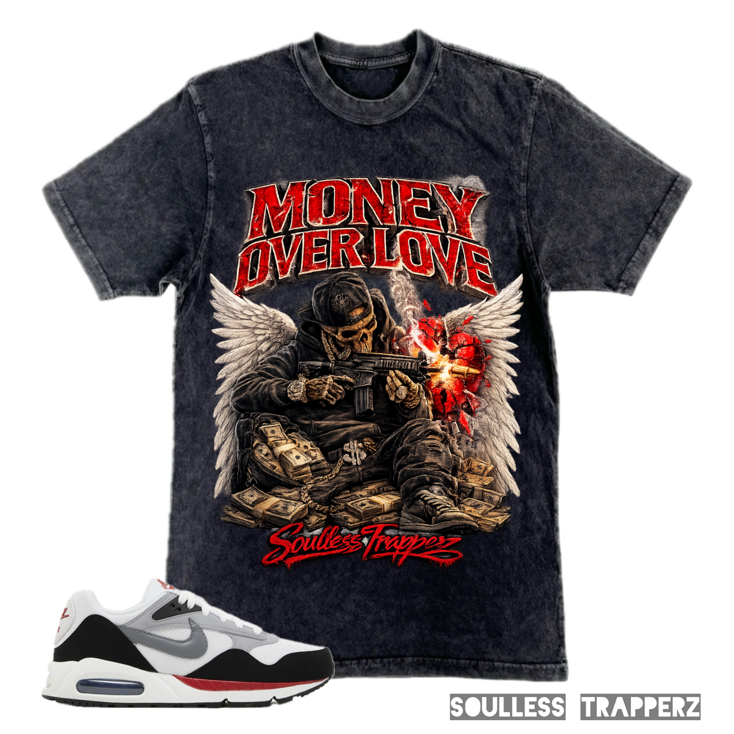 “MONEY OVER LOVE” Mineral Washed Soulless Trapperz Original Premium T-Shirt