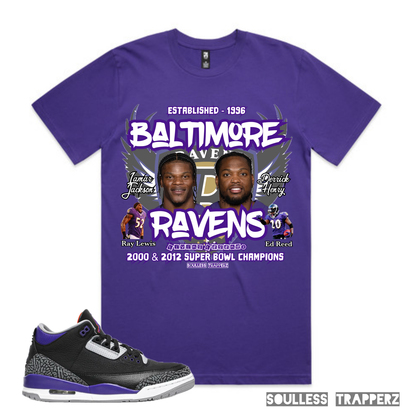 Baltimore Ravens Superstars “LAMAR JACKSON & DERRICK HENRY” (Living Legend) Original Soulless Trapperz T-Shirt